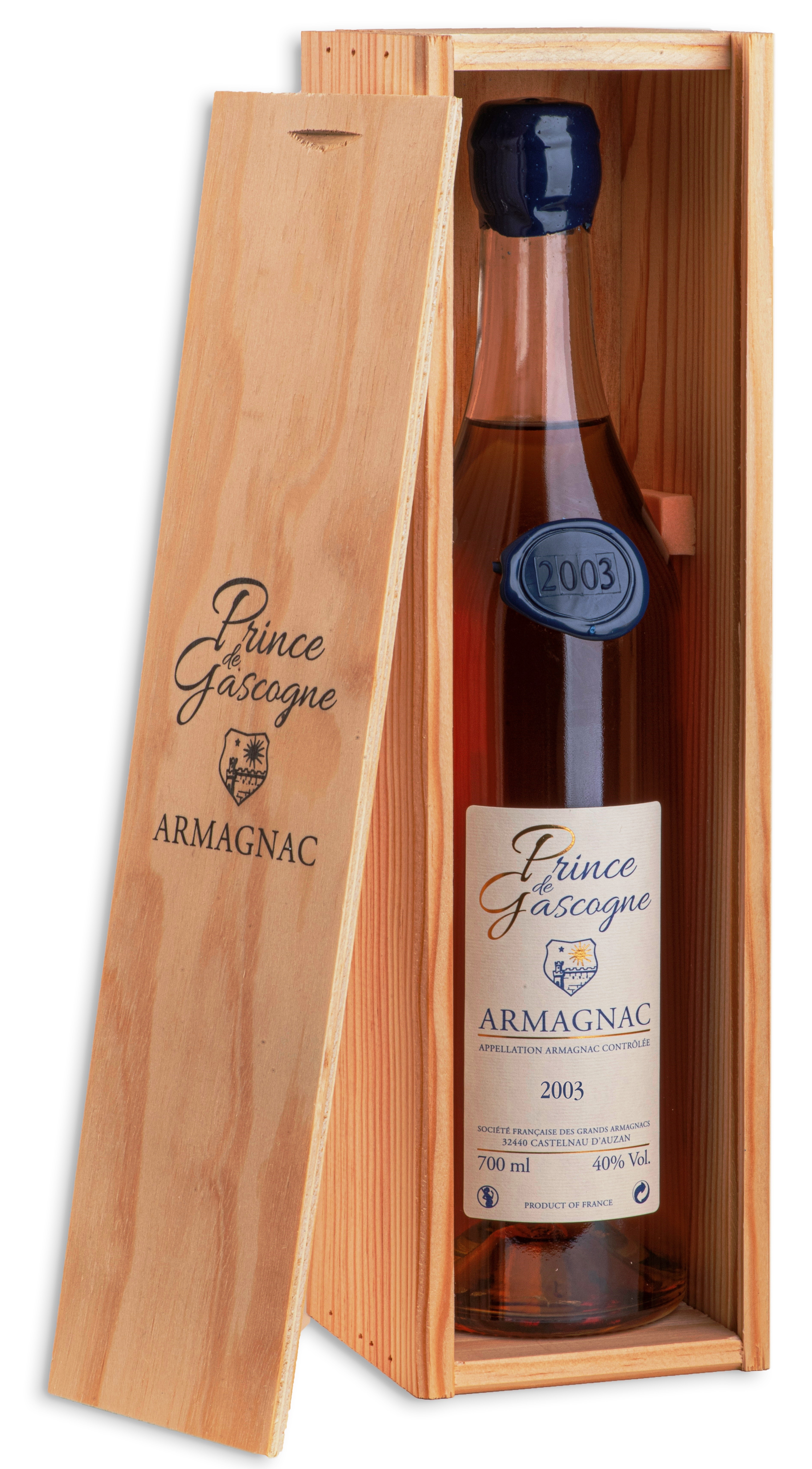 Armagnac Prince de Gascogne 2003, 0,7l, 40%, seduction bottle, wood box