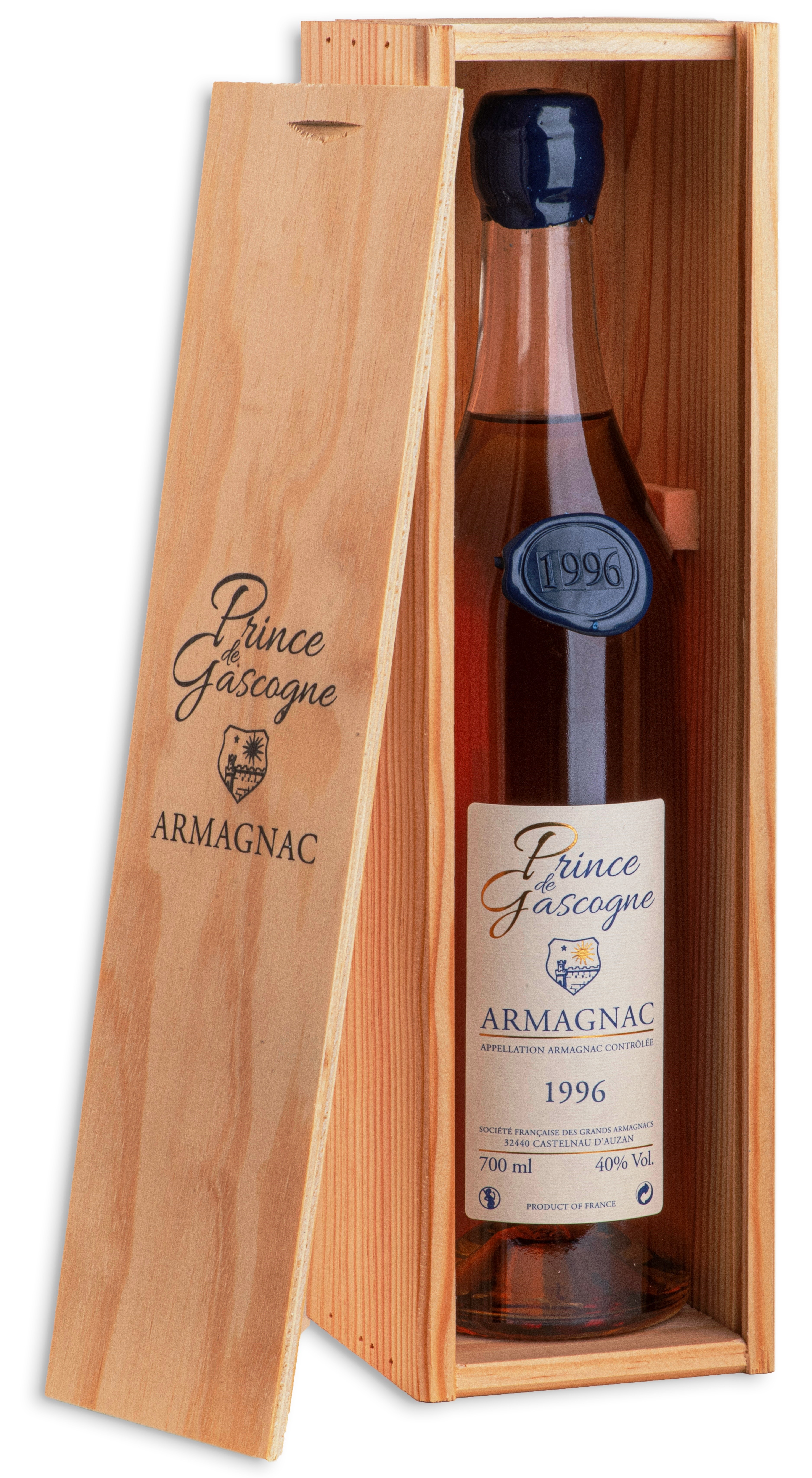 Armagnac Prince de Gascogne 1996, 0,7l, 40%, seduction bottle, wood box
