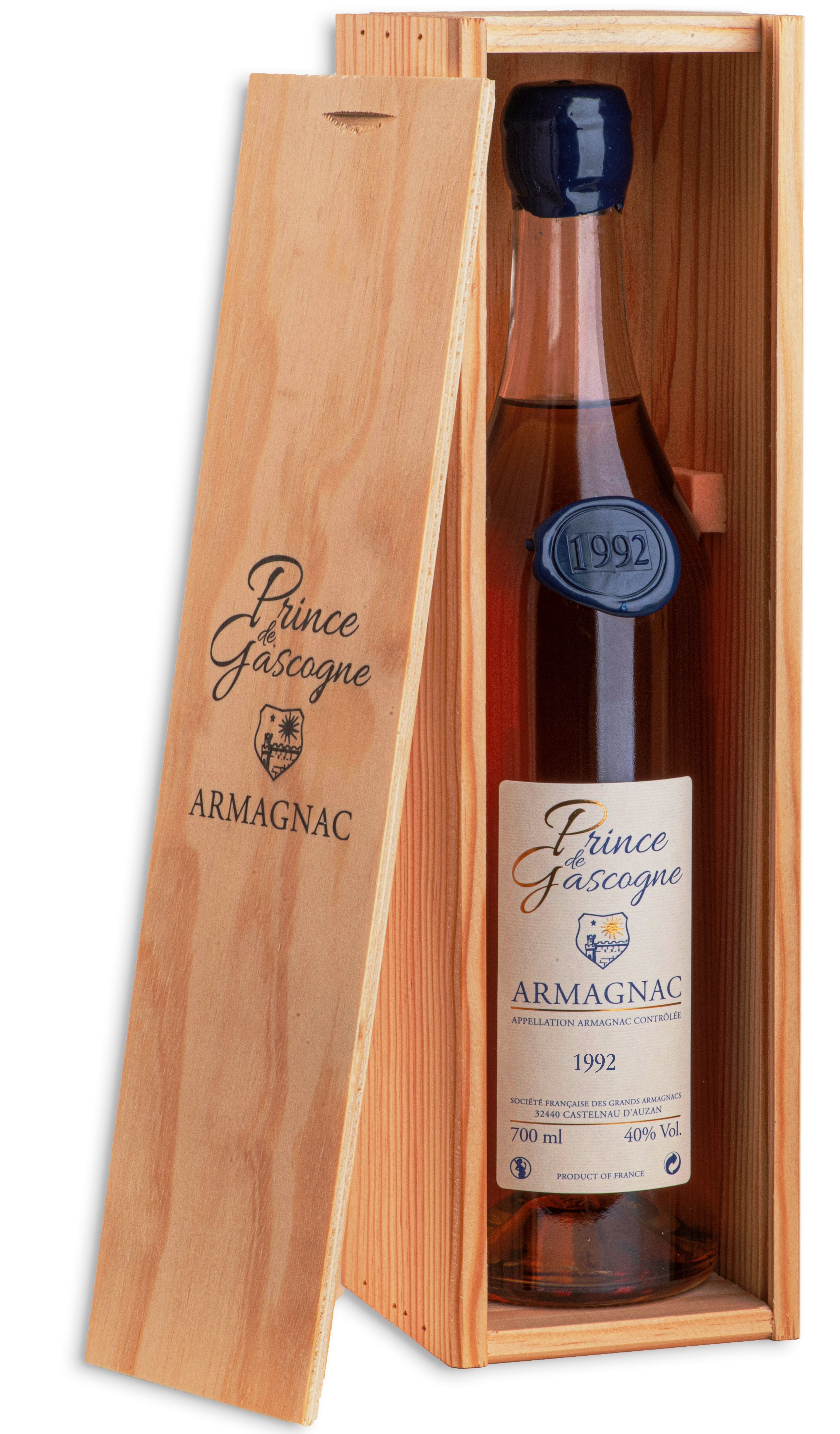 Armagnac Prince de Gascogne 1992, 0,7l, 40%, seduction bottle, wood box
