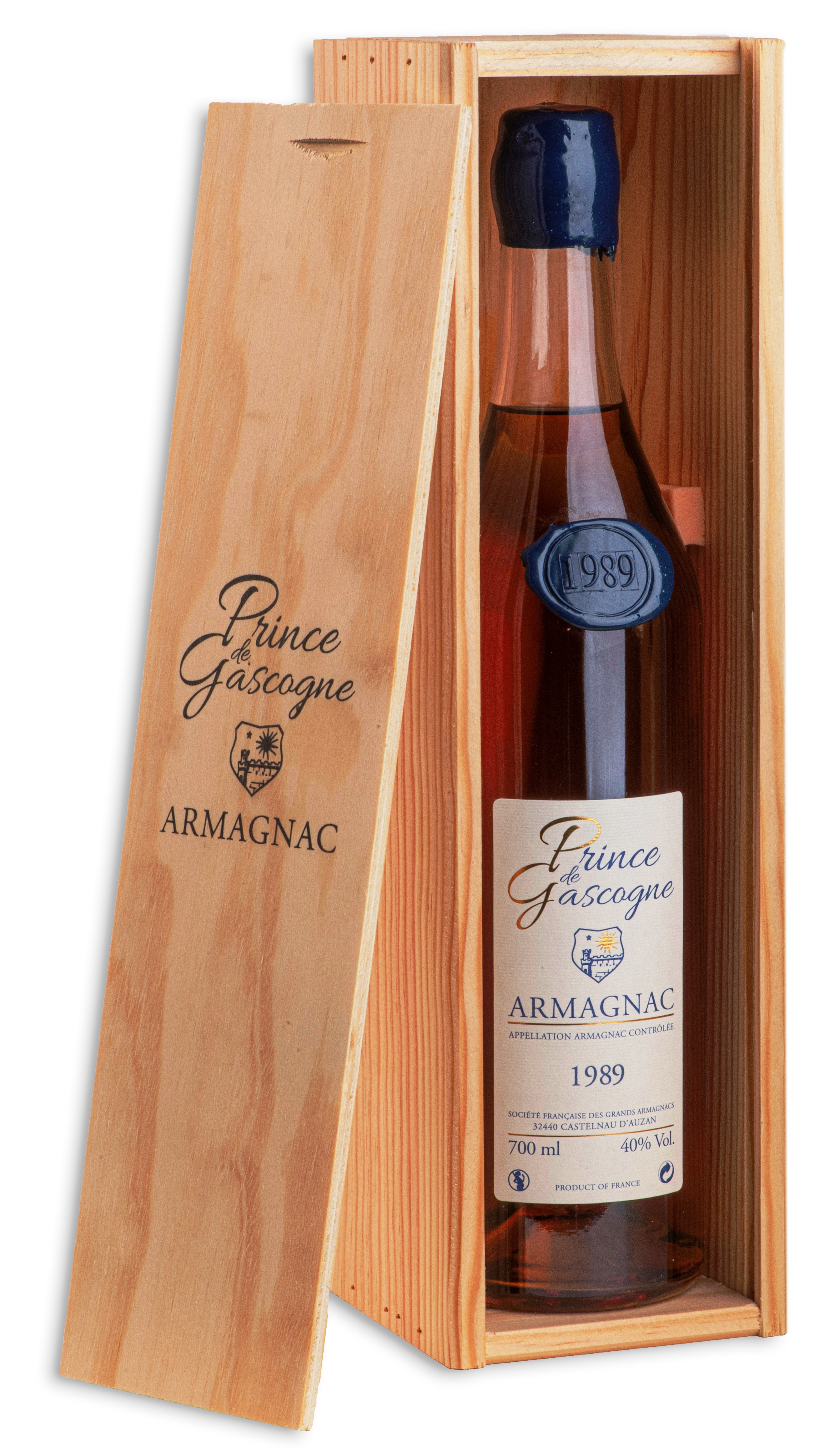 Armagnac Prince de Gascogne 1989, 0,7l, 40%, seduction bottle, wood box